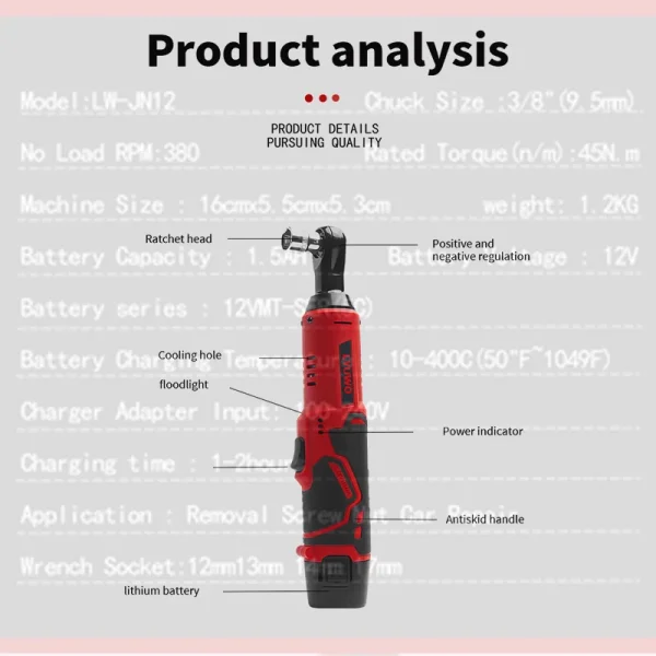 LYUWO 12V Cordless Right Angle Electric Wrench 45NM 3/8 Inch Ratchet Wrench Disassembly Nut Car Maintenance Tool With 4 Sockets - Image 6