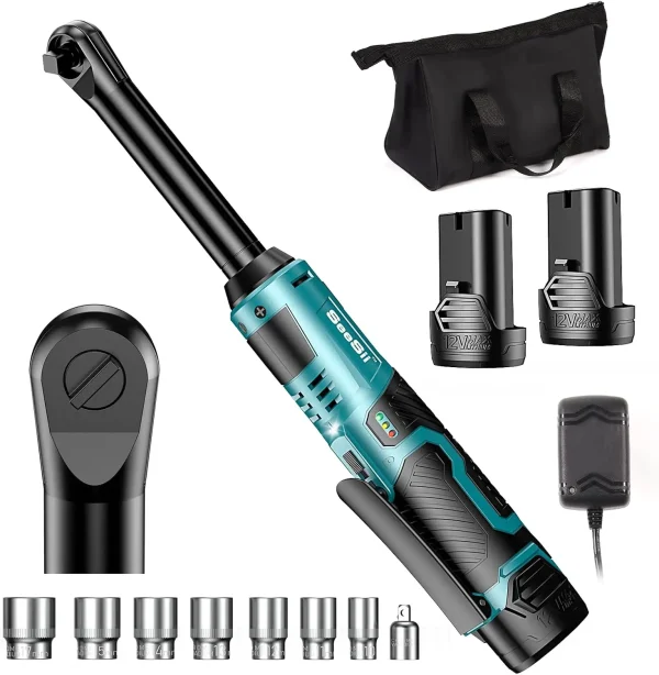 Seesii 3/8" Long Neck Ratchet Wrench RT400B 40Ft-lbs 6" Extended Cordless Ratchet Wrench 220RPM 2x2.0Ah Batteries Variable Speed
