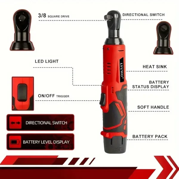 LYUWO 12V Cordless Right Angle Electric Wrench 45NM 3/8 Inch Ratchet Wrench Disassembly Nut Car Maintenance Tool With 4 Sockets - Image 3