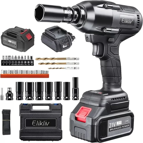 Elikliv Cordless Impact Wrench 600Nm 21V Power Impact Gun 4.0Ah Battery Electric Impact Driver for Car Truck Tires Home