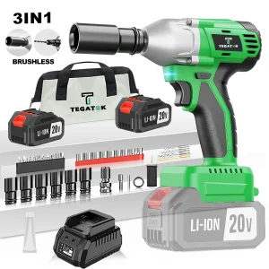 Tegatok Electric wrenchused for home, work, torque of 320 foot pounds (430 Newton meters), two batteries and accessories.