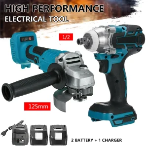 Power Tool Sets 125mm Brushless Electric Angle Grinder 18V Battery Devices Combo Kit Impact Wrench for Makita Battery